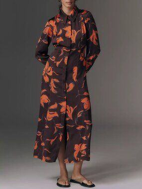 Anthropologie Exquise Long-Sleeve Satin Shirtdress Purple Orange Floral XXS
